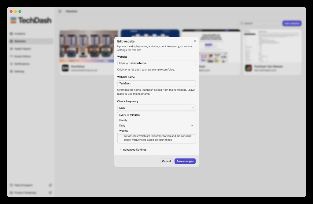 TechDash Edit website dialog with check frequency options for every 15 minutes, hourly, daily and weekly