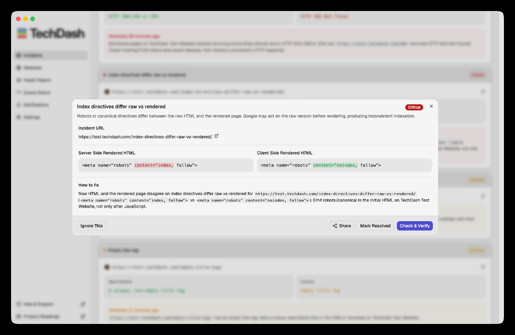 TechDash incident showing previous and current robots directives for a monitored SEO check on a test site