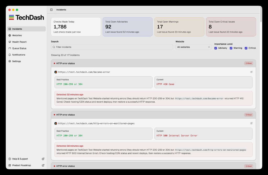 TechDash Incidents dashboard showing critical HTTP errors on test-site URLs after a regression