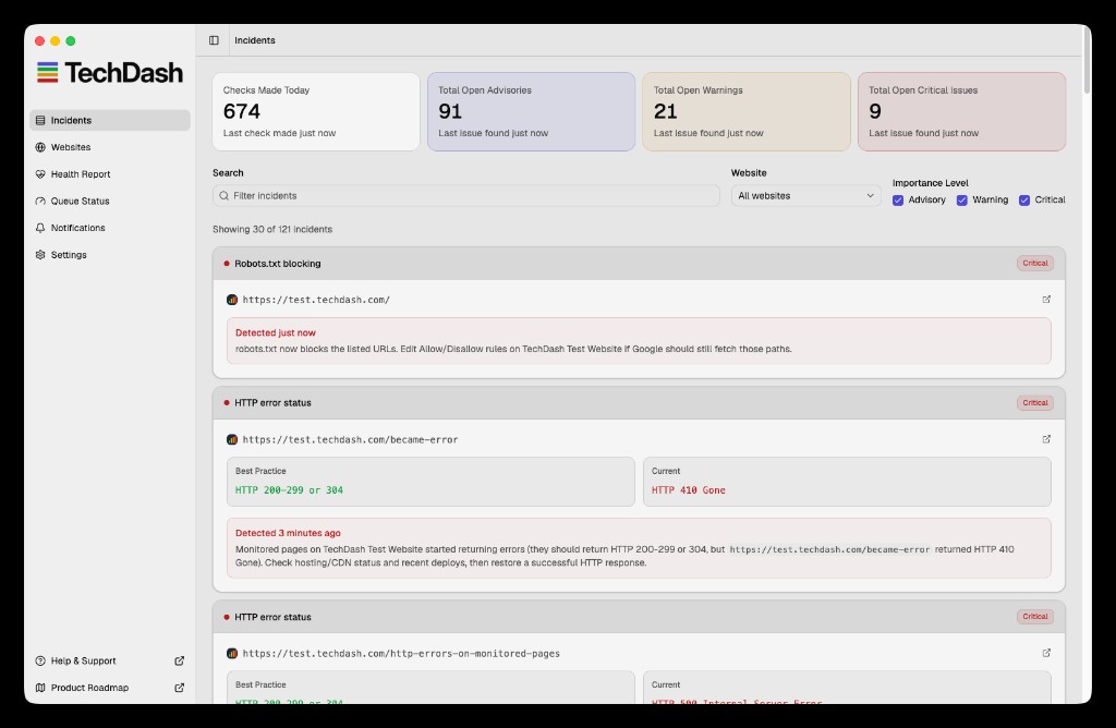 TechDash robots.txt blocking incident on a test site with Critical severity
