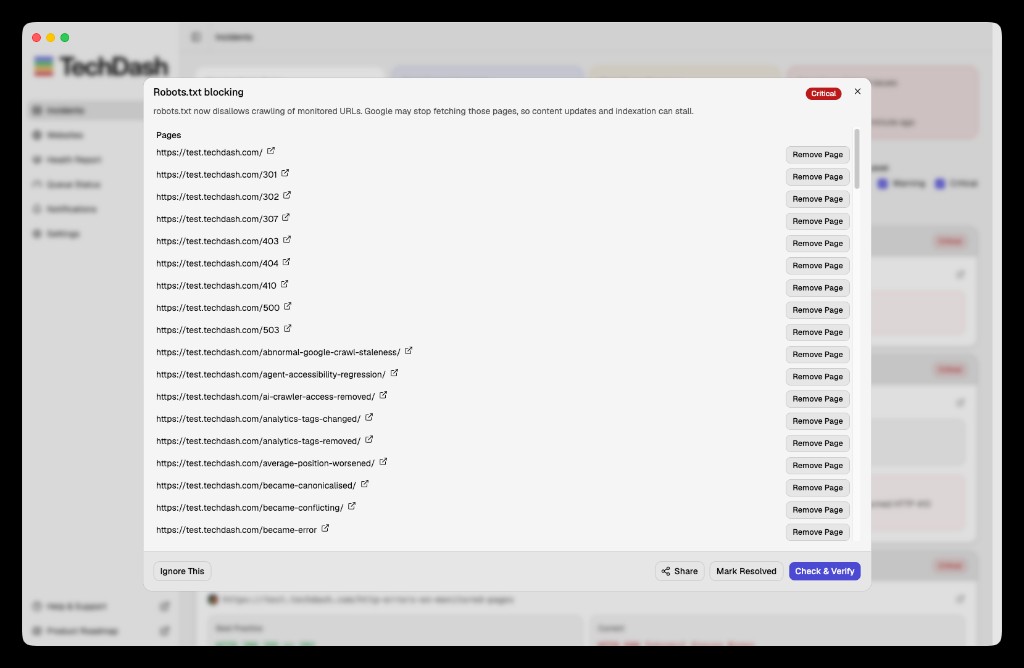 TechDash robots.txt blocking incident listing monitored test-site pages affected by a Disallow rule