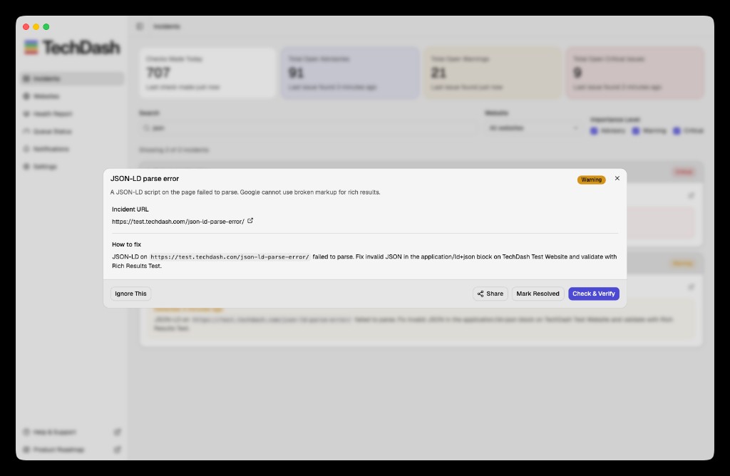 TechDash structured-data incident showing a JSON-LD parse failure on a test page