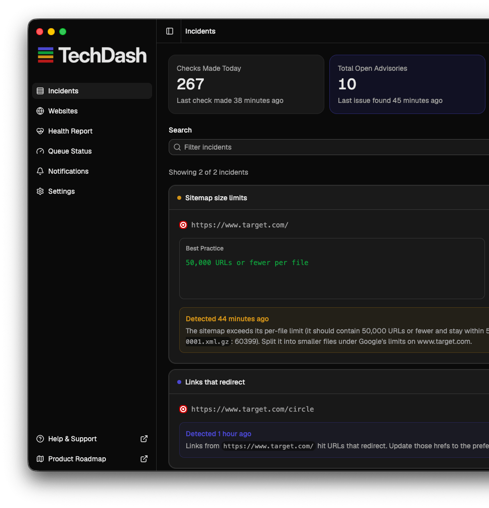 TechDash incidents list showing severity and affected URLs after a change