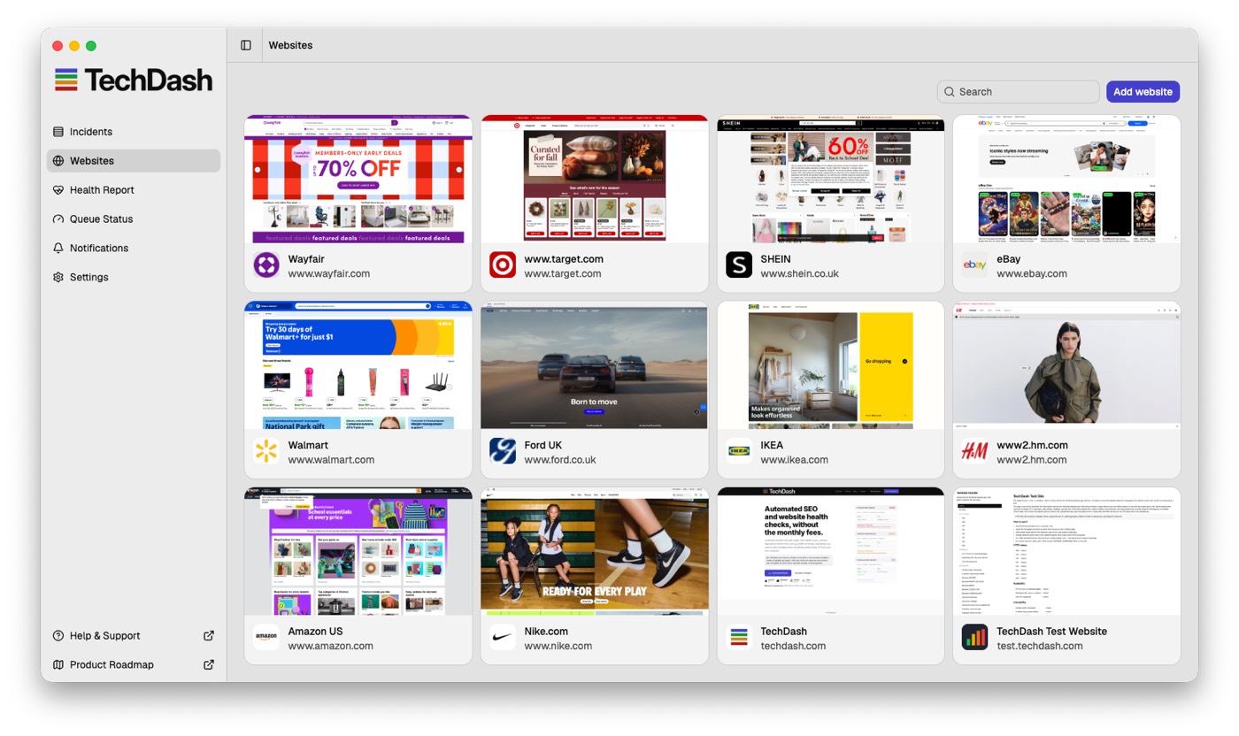 TechDash Websites screen with monitored site cards